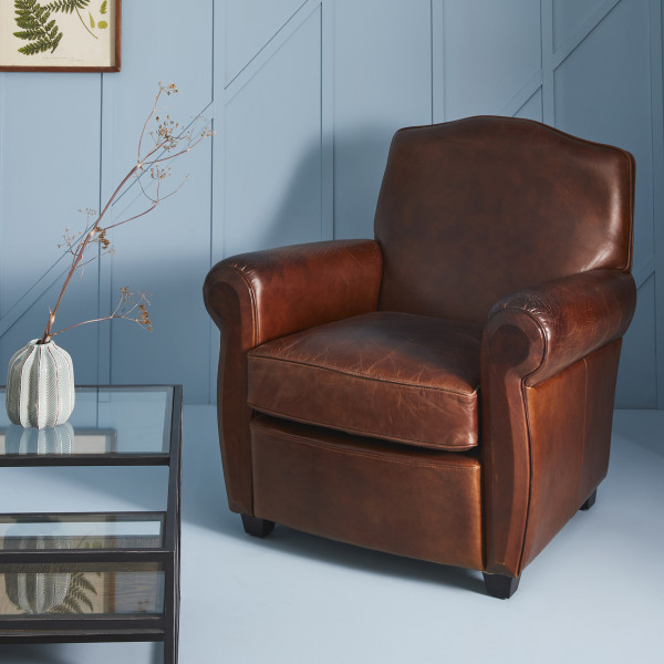 Fauteuil en cuir pleine fleur vieilli marron MOUSTACHE